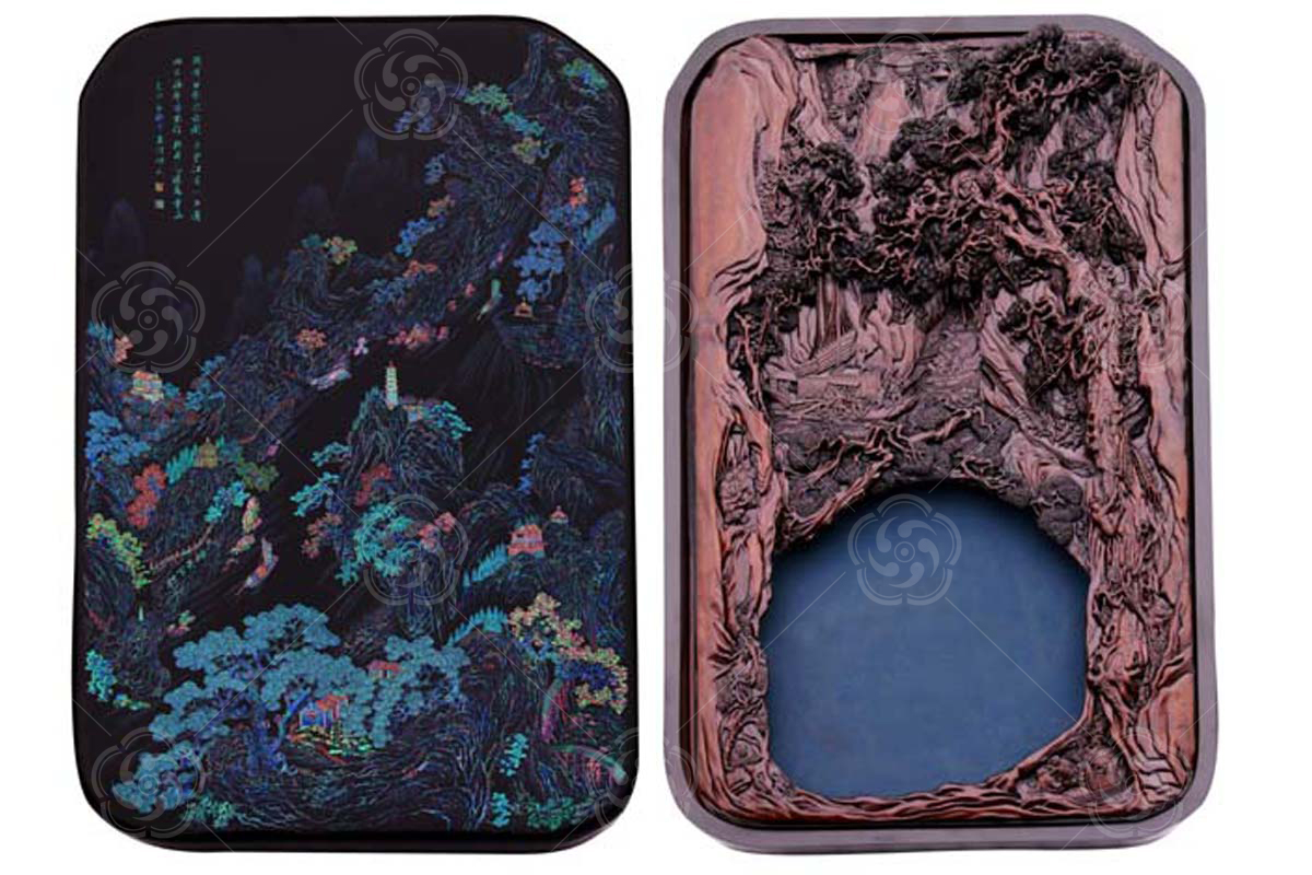 點(diǎn)螺楠木雕“峽趣”漆砂硯