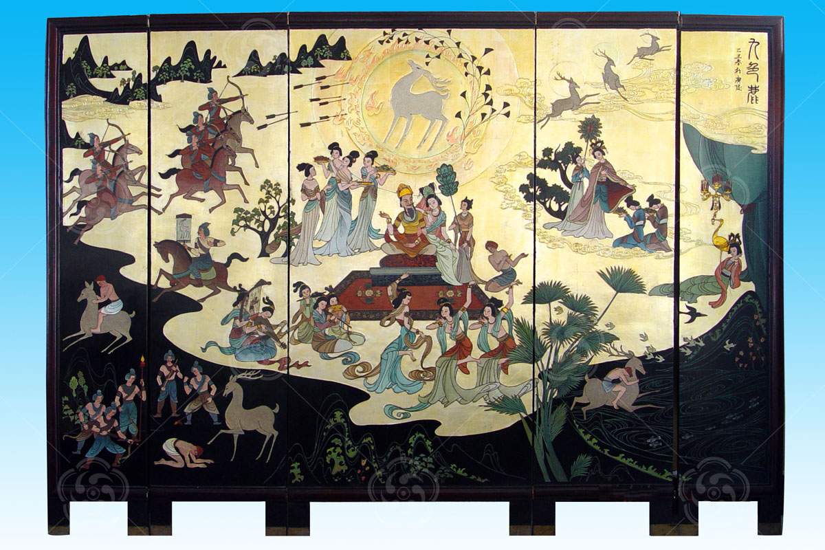 刻漆屏風(fēng)《九色鹿》